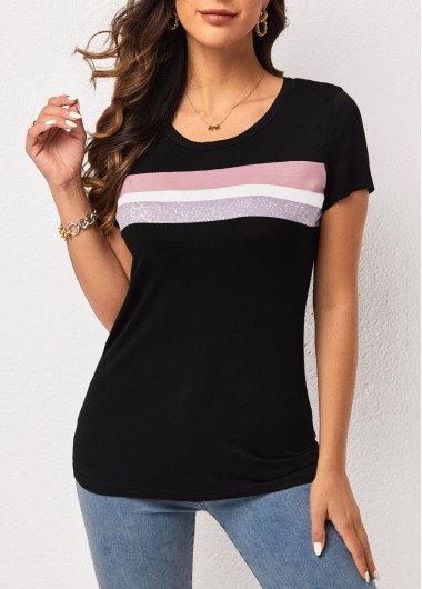 Modlily Stripe Print Round Neck Black Contrast T Shirt - XL