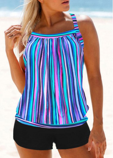 Modlily Blue Rainbow Stripe Cross Strap Tankini Top - M