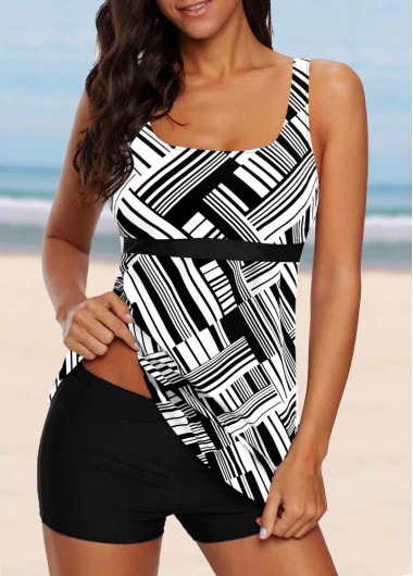 Modlily Geometric Print Color Block Wide Strap Tankini Top - XL
