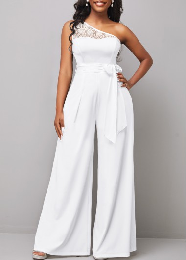 Skew Neck Lace Stitching White Belted Jumpsuit     2nd 10%, 3rd 20%, 4th 40%