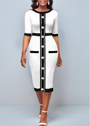 Modlily White Contrast Stitch Half Sleeve Dress - M