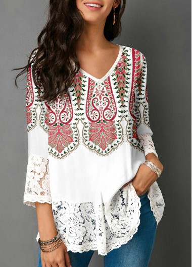 Modlily Lace Patchwork Tribal Print White Blouse - M