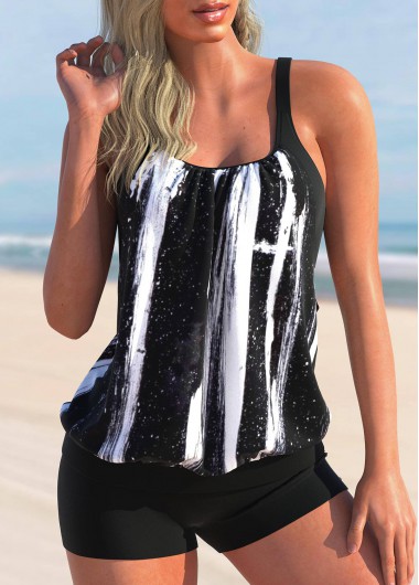 Modlily Striped Wide Strap Black Tankini Top - S