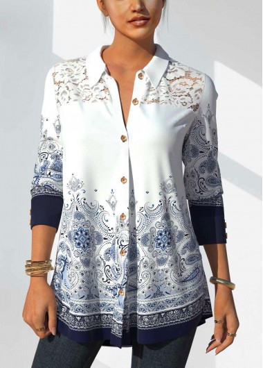 Modlily Tribal Print Lace Stitching White Blouse - M