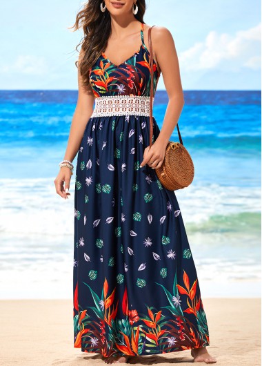 Modlily Floral Print Navy Blue Pierced Lace Stitching Dress - M