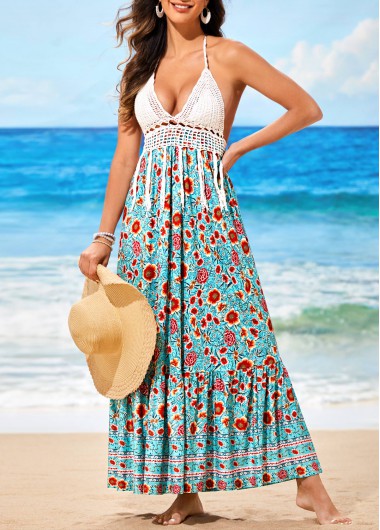 Modlily Floral Print Cyan Crochet Halter Dress - XL
