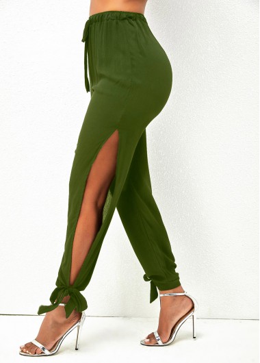 Modlily Side Slit Drawstring Waist Army Green Pants - L