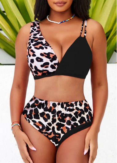 Modlily High Waisted Leopard Black Asymmetric Design Bikini Set - L