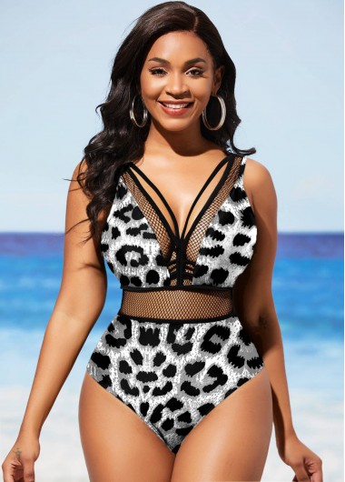 Modlily Leopard Fishnet Panel Black One Piece Swimwear - XXL
