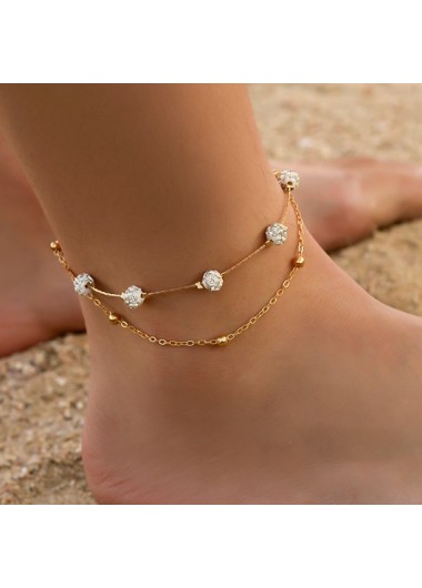 Modlily Gold Rhinestone Design Layered Detail Anklet - One Size