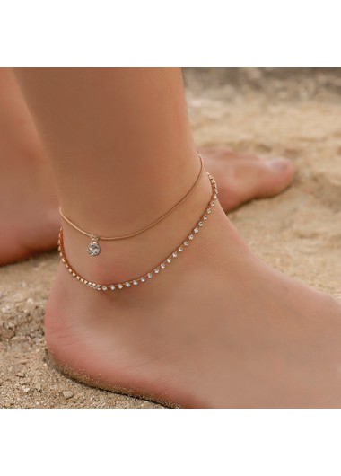 Modlily Gold Rhinestone Design Layered Detail Anklet - One Size