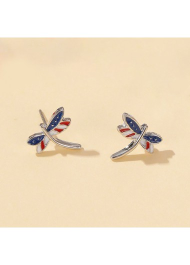Modlily American Flag Print Dragonfly Design Metal Earrings - One Size