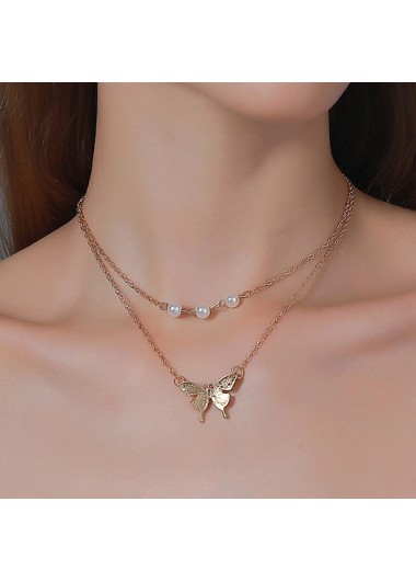 Modlily Butterfly Design Pearl Gold Layered Necklace - One Size