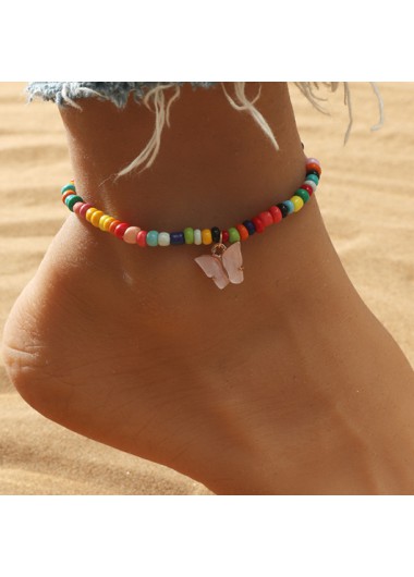 Modlily Butterfly Design Colorful Beads Metal Detail Anklet - One Size