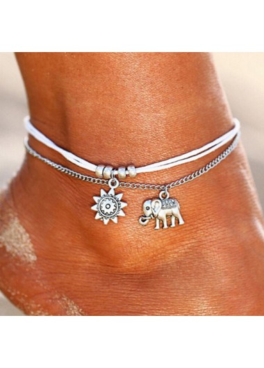 Modlily Sun and Elephant Design Silver Anklet Set - One Size