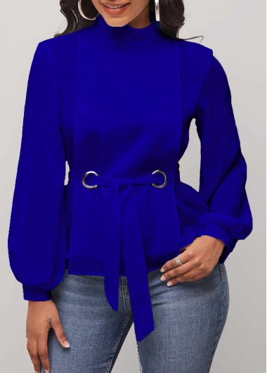 Modlily Mock Neck Royal Blue Long Sleeve Belted Blouse - L