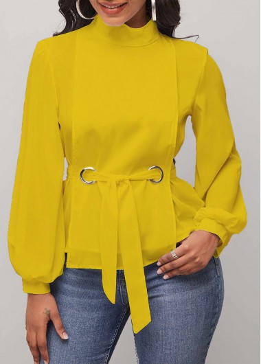 Modlily Mock Neck Yellow Long Sleeve Belted Blouse - L