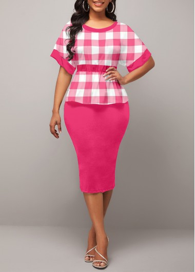 Modlily Plaid Round Neck Peplum Waist Rose Pink Dress - XXL