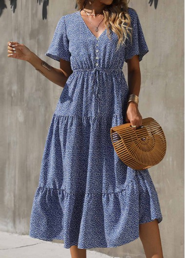 Modlily Polka Dot V Neck Blue Tie Front Dress - M