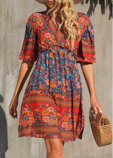 Modlily Tribal Print V Neck Multi Color Dress - S