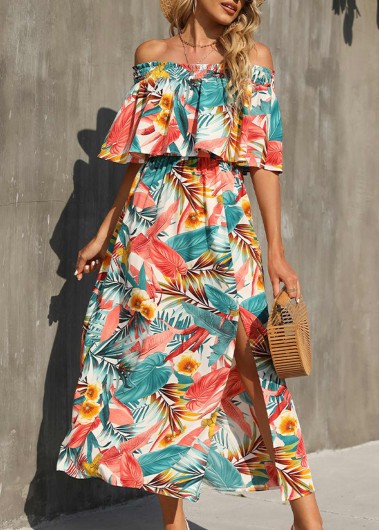 Modlily Tropical Print Off Shoulder Multi Color Dress - M