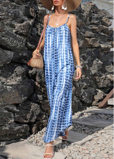 Modlily Tie Dye Print Blue Loose Jumpsuit - S