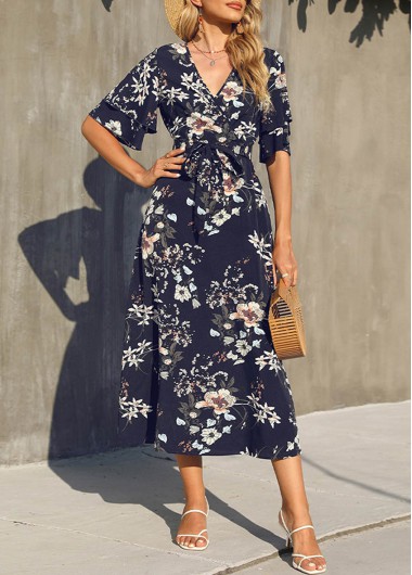 Modlily Floral Print V Neck Navy Blue Dress - M