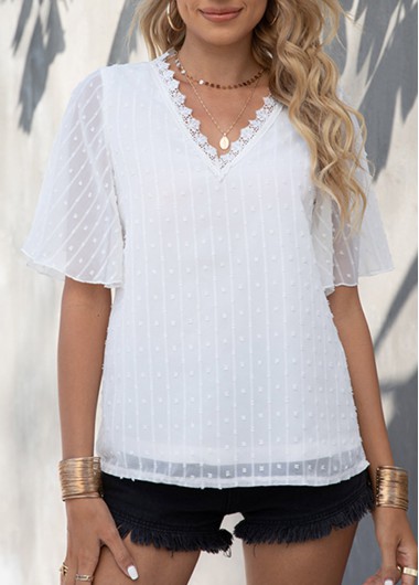 Modlily Lace Patchwork White Textured V Neck T Shirt - S