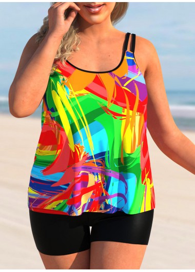 Modlily Double Straps Graffiti Print Plus Size Tankini Top - 1X