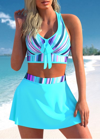 Modlily High Waist Cyan Striped Cross Strap Bikini Set - XXL