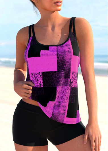 Modlily Purple Geometric Print Double Straps Tankini Top - XXL