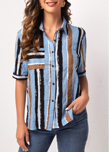 Modlily Button Up Light Blue Striped Turndown Collar Blouse - XL