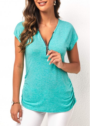 Modlily Cyan Quarter Zip Side Shirred T Shirt - L