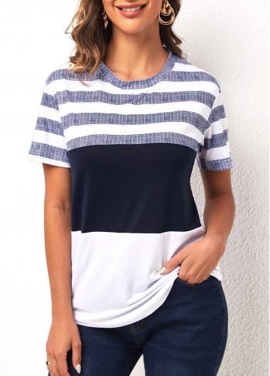Modlily Stripe Print Round Neck White Contrast T Shirt - M