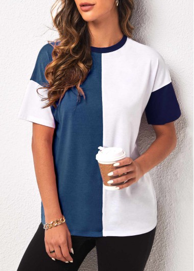 Modlily Round Neck Blue Contrast Short Sleeve T Shirt - XL