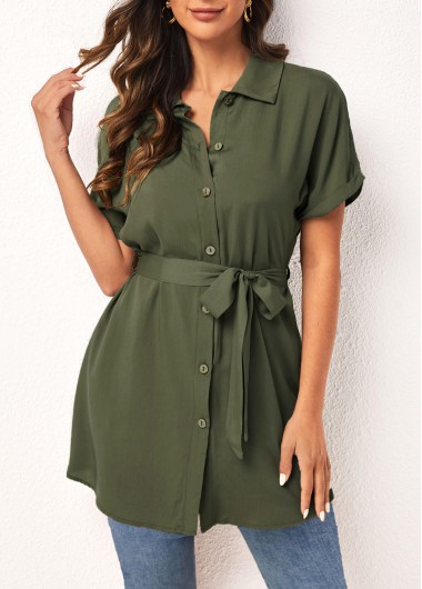 Modlily Turndown Collar Belted Button Up Army Green Dress - M