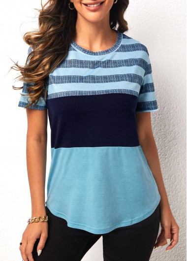 Modlily Striped Light Blue Round Neck Short Sleeve T Shirt - XL