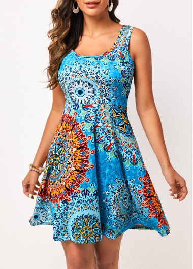Modlily Tribal Print Wide Strap Sky Blue Dress - S