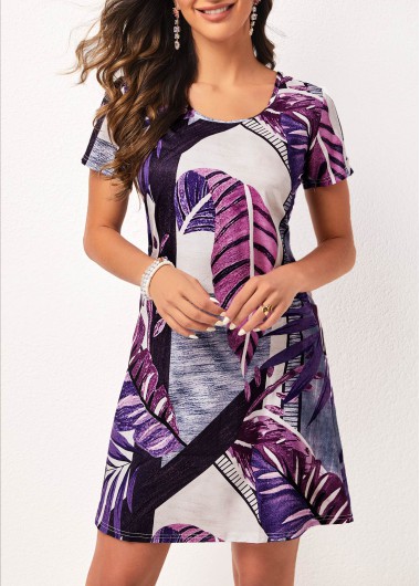Modlily Leaf Print Lavender Round Neck Short Sleeve Dress - 3XL