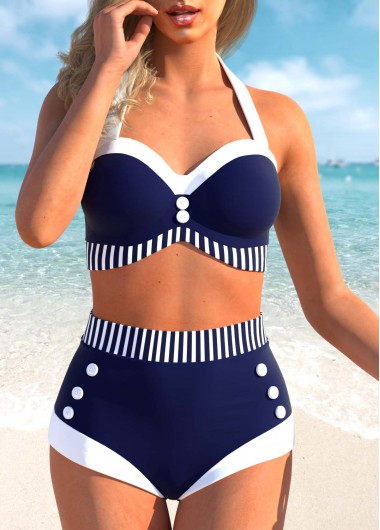 Modlily High Waisted Stripe Print Nautical Navy Blue Bikini Set - S
