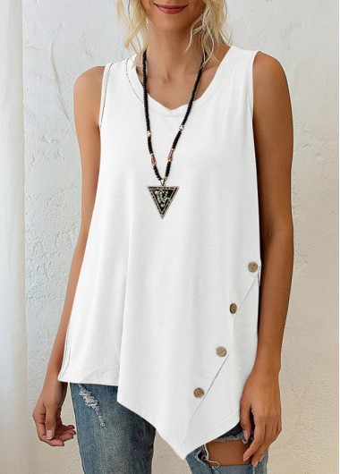 Modlily White Asymmetric Hem Decorative Button Tank Top - S
