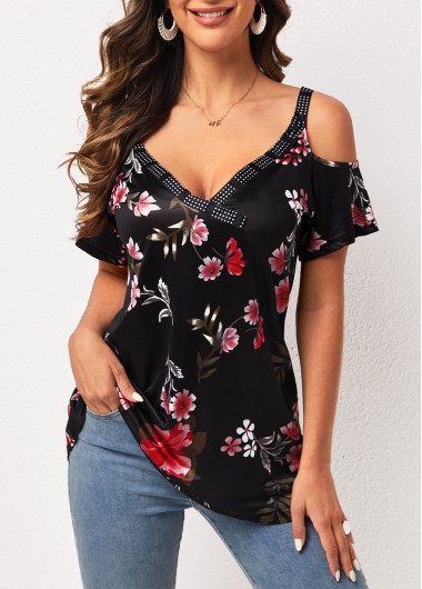 Modlily Strappy Cold Shoulder Floral Print Black T Shirt - XL