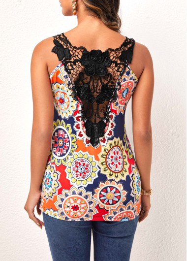 Modlily Tribal Print Lace Stitching Wide Strap Tank Top - S