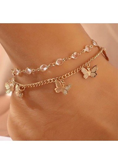 Modlily Gold Layered Design Butterfly Detail Anklet Set - One Size