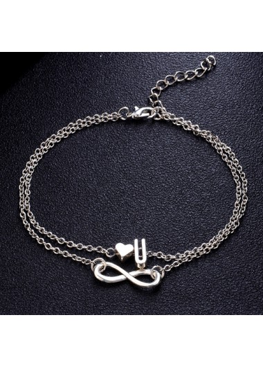 Silver Layered Letter and Heart Design Anklet     