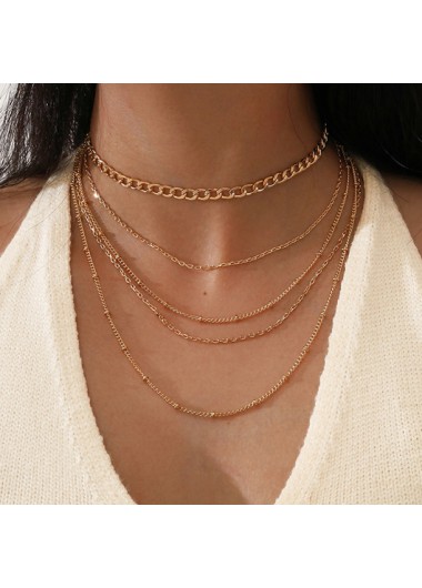 Modlily Gold Layered Design Metal Detail Necklace Set - One Size
