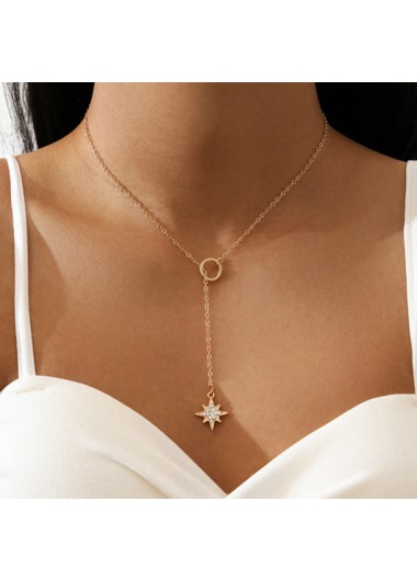 Modlily Star Pendant Rhinestone Gold Metal Necklace - One Size
