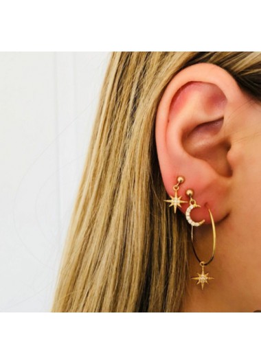 Modlily Rhinestone Star and Moon Pendant Gold Earring Set - One Size