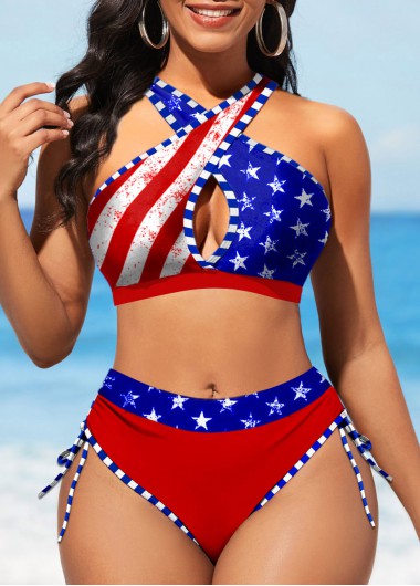 Modlily American Flag Print Color Block Drawstring Bikini Set - M