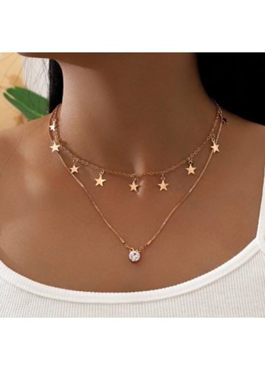 Modlily Layered Star Pendant Metal Detail Gold Necklace - One Size